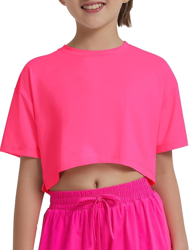 EXARUS Girls Athletic Shirts Short Sleeve Crop Tops/Split Back Quick Dry T Shirt Workout Summer Casual Kids 6-14Y