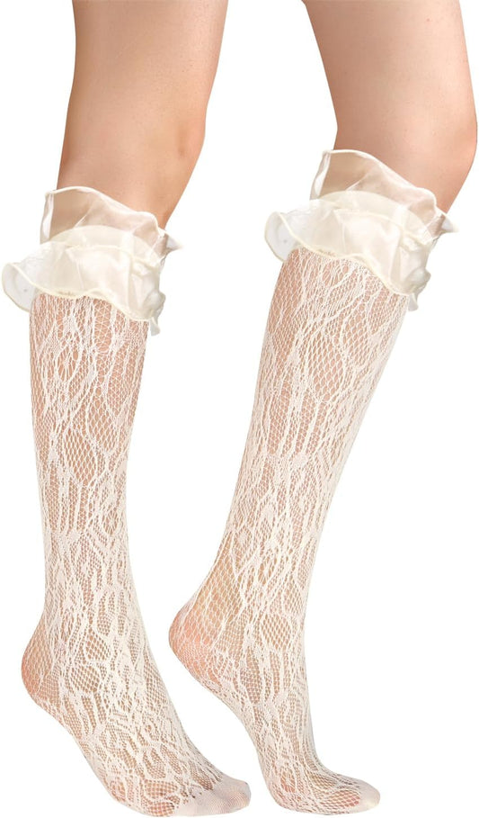 Benefeet Sox Fishnet Knee High Socks with Ruffles for Women Girls Kawaii Cute Fancy Frilly Lace Knee High Stockings with Bow