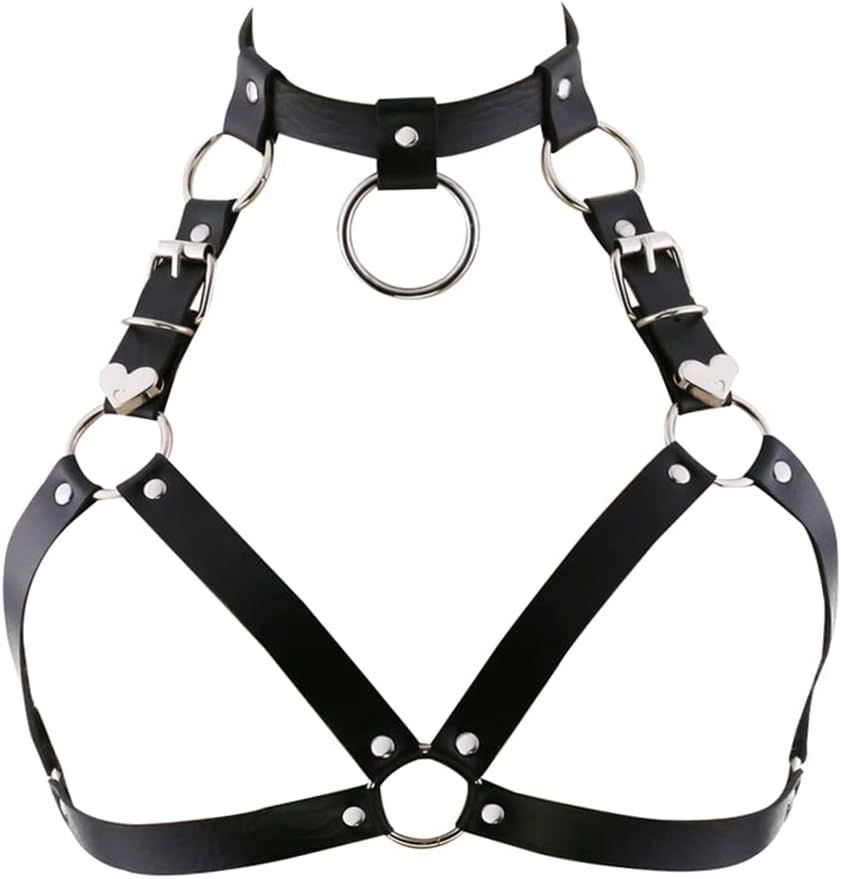 Leather Chest Straps Harness Body Chain Heart Harajuku Punk Caged Bra Waist Belts with Choker Collar for Women Rave Outfits