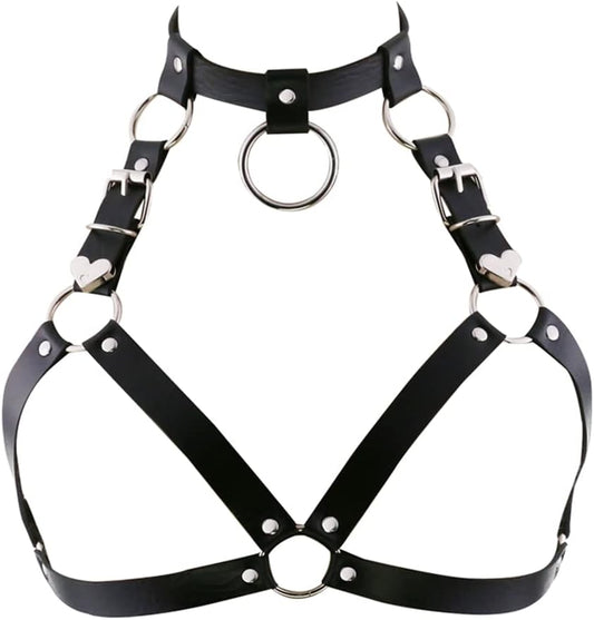 Leather Chest Straps Harness Body Chain Heart Harajuku Punk Caged Bra Waist Belts with Choker Collar for Women Rave Outfits