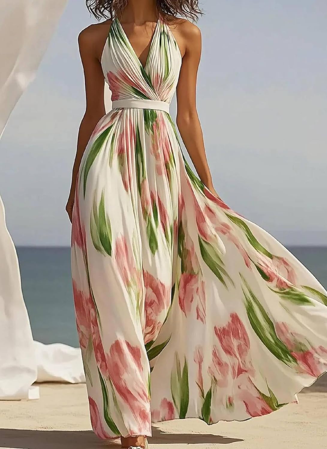 Women Summer Elegant Floral Print Sexy Halter V Neck Sleeveless Belt A-Line Ruffle Hem Wedding Club Maxi Dress