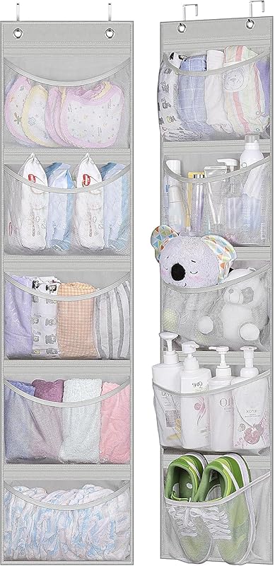 KEETDY Hanging Shelves Over the Door Organizer Storage for Closet with 5 Pockets Organizer for Bedroom Bathroom, 2 Pack（Grey）