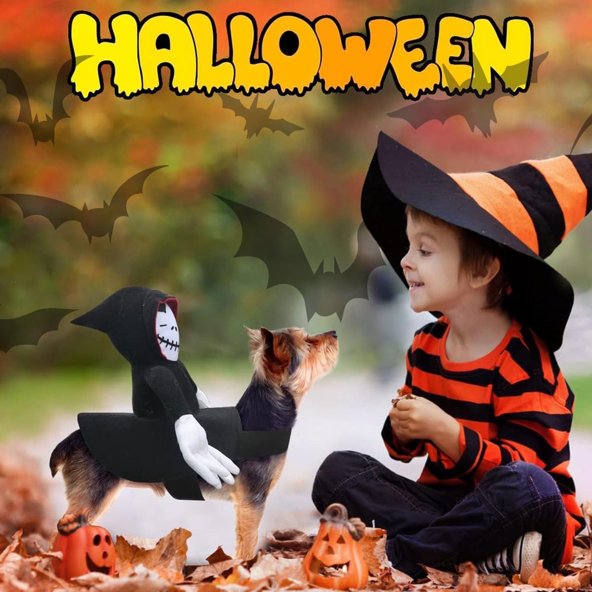 Dog Costumes Halloween Funny Dog Ghost Riding Costumes Novelty Pet Ghost Saddle Apparel Grim Reaper Rider Style Outfit for Small Medium Dogs Cats (Small)