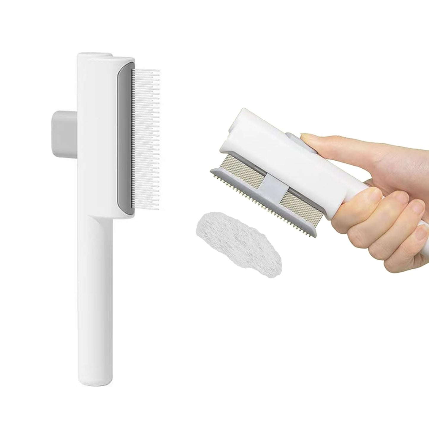 Cat Shedding Comb for Long Haired Cats, Dog Combs for Grooming Matting, Metal Pet Comb for Indoor Cat or Small Dogs, Release Button Self-Cleaning, Long & Short Stainless Steel Metal Teeth, White