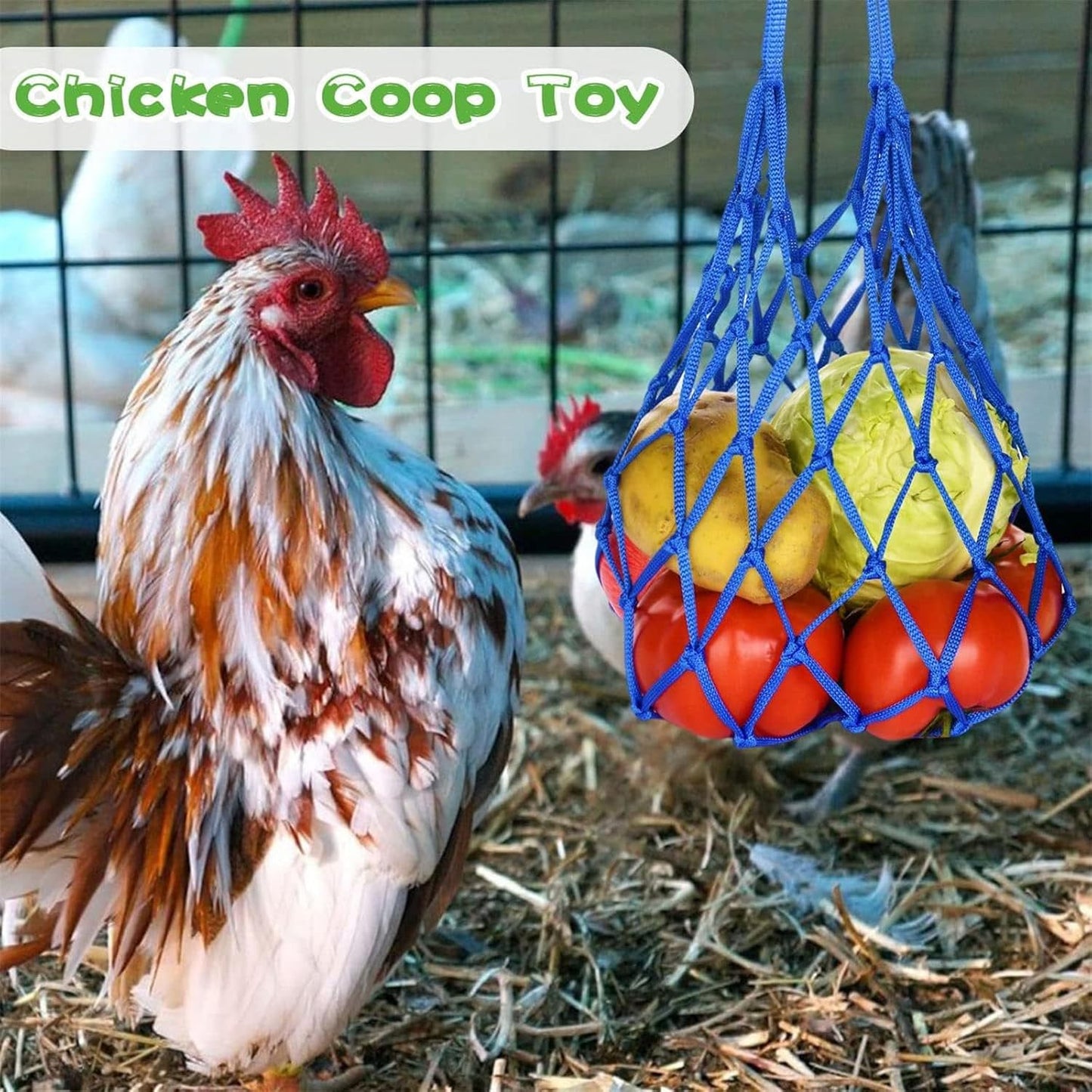 Chicken Vegetable Hanging Feeder, Chicken Vegetable String Bag, Poultry Fruit Holder Chicken Cabbage Feeder Treat Feeding Tool with S Hook for Hens Chicken Coop Toy for Hen Duck Accessories