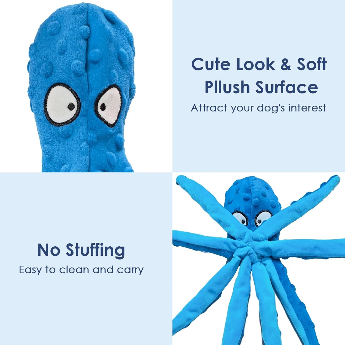4 Pack Squeaky Dog Toys - Octopus Plush Dog Toys for Aggressive Chewers, No Stuffing, Crinkle, Durable Interactive, 4 Colors