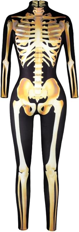 JJEUWE Women's Skeleton Halloween Bodysuit Costume Stretch Skinny Catsuit Jumpsuit