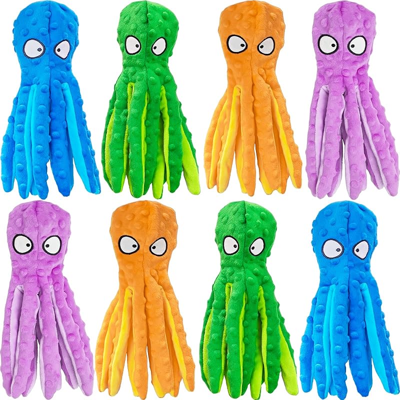 4 Pack Squeaky Dog Toys - Octopus Plush Dog Toys for Aggressive Chewers, No Stuffing, Crinkle, Durable Interactive, 4 Colors