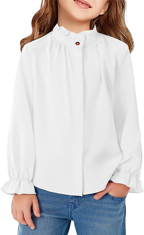 Haloumoning Girls Ruffle Long Sleeve Blouse Kids Button Down Uniform Dress Shirts 5-14 Years