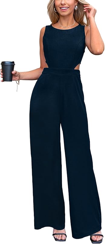 CUPSHE Combinaison pour femme avec découpe col rond sans manches et dos nu, jambes longues et larges, style élégant et décontracté