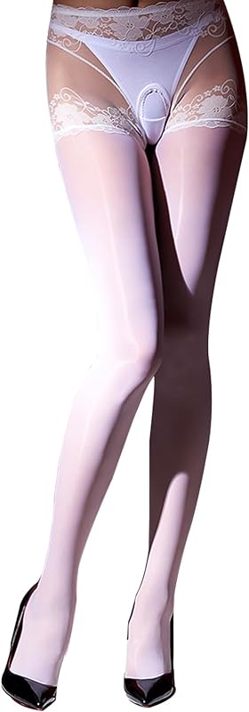 Women's Oil Shiny Pantyhose Lace Crotch High Waist Stockings Tights Oil Shimmer Tights Ultra Silky 8 Denier
