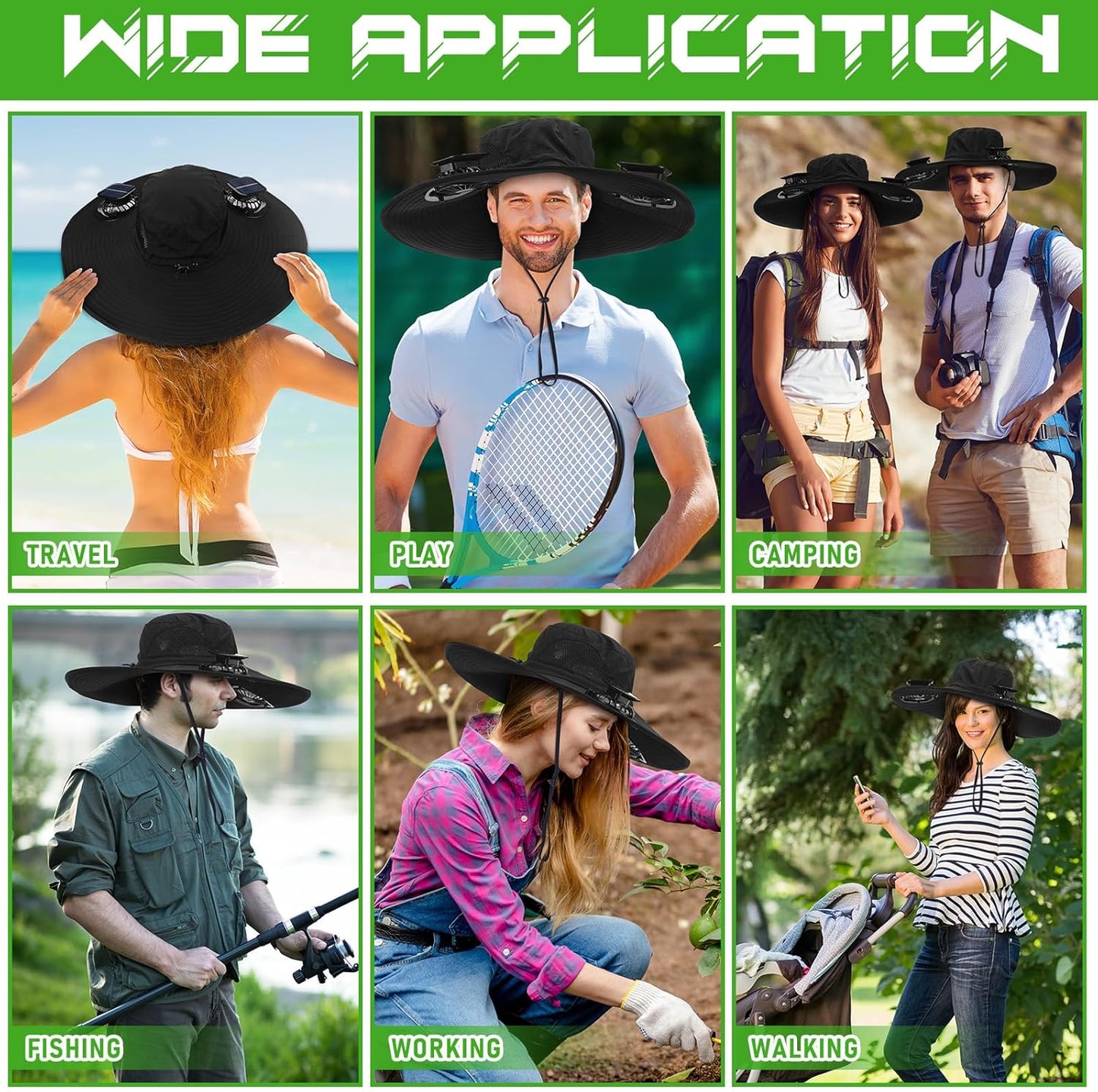 Berlune Men Sun Hat with 2 Solar Fan Fishing Wide Brim Sun Hat for Outdoor Summer Camping Beach, USB & Solar Powered
