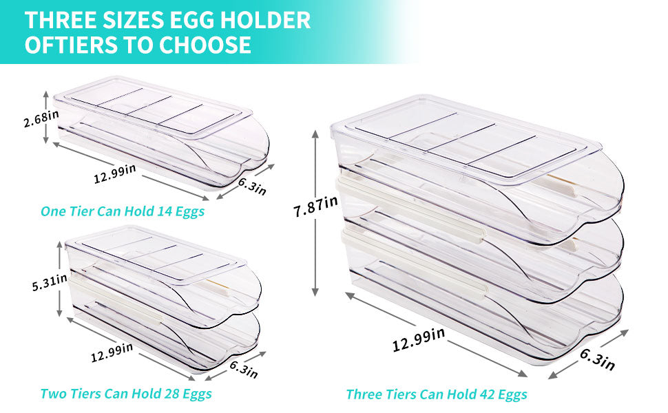 Egg Holder for Fridge, Automatic Rolling Egg Container for Refrigerator, Stackable Fridge Organizers and Storage with Lid, Clear Plastic Egg Dispenser & Tray (2 Tier)
