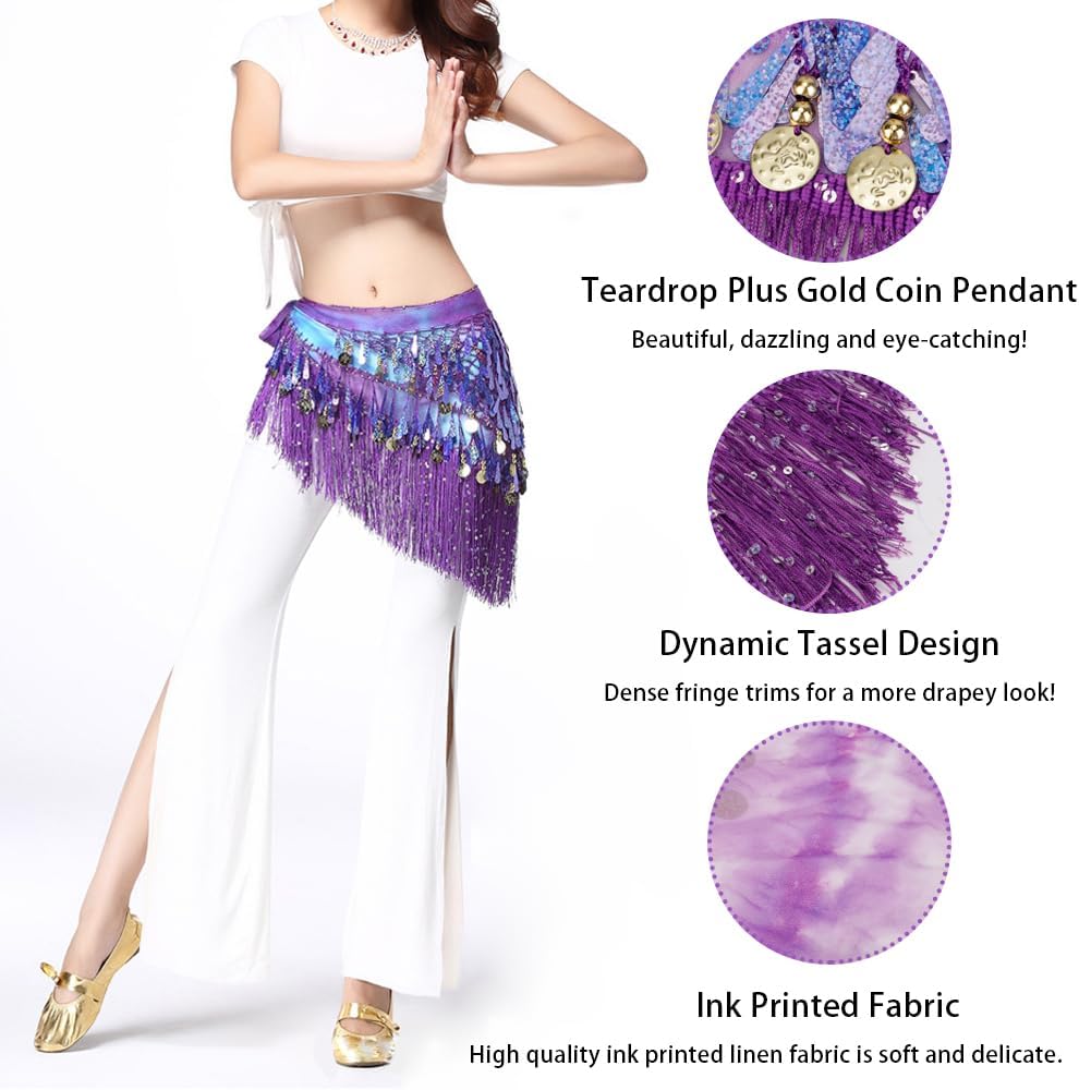 SITAKEGS Belly Dance Hip Scarfs,Girls/Women's Wave Shape Skirts Wrap with Sequin,Purple Chiffon Tassel Skirt Waist Costume Belt for Festival Club Summer Beach Dance