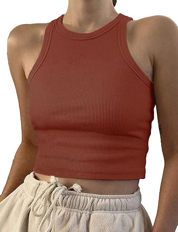 Artfish Women Casual Basic Sleeveless High Neck Rib-Knit Y2k Crop Tank Top