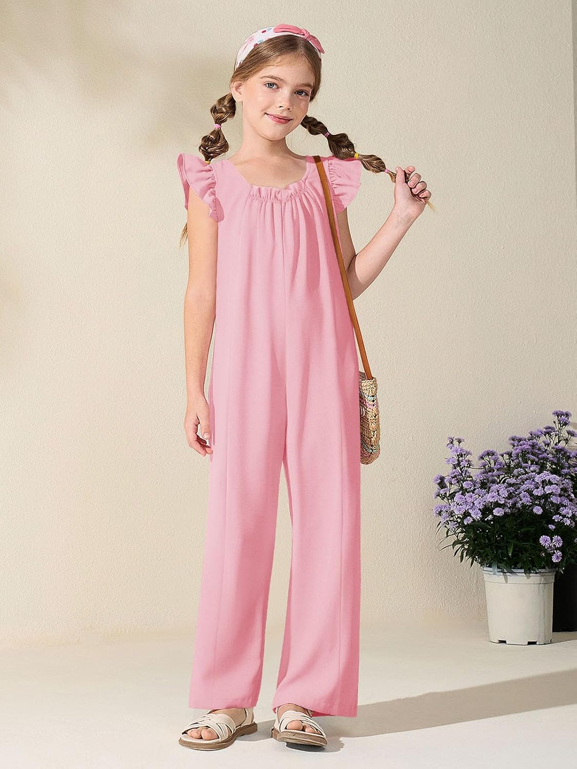 Haloumoning Girls Wide Leg Loose Jumpsuit Kids Casual Ruffle Sleeve Round Neck Romper with Pockets 5-14 Years