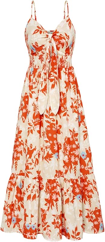 GRACE KARIN Women's 2025 Summer Maxi Dress Floral Tie Front Spaghetti Strap Casual Boho Beach Flowy Sundress with Pockets