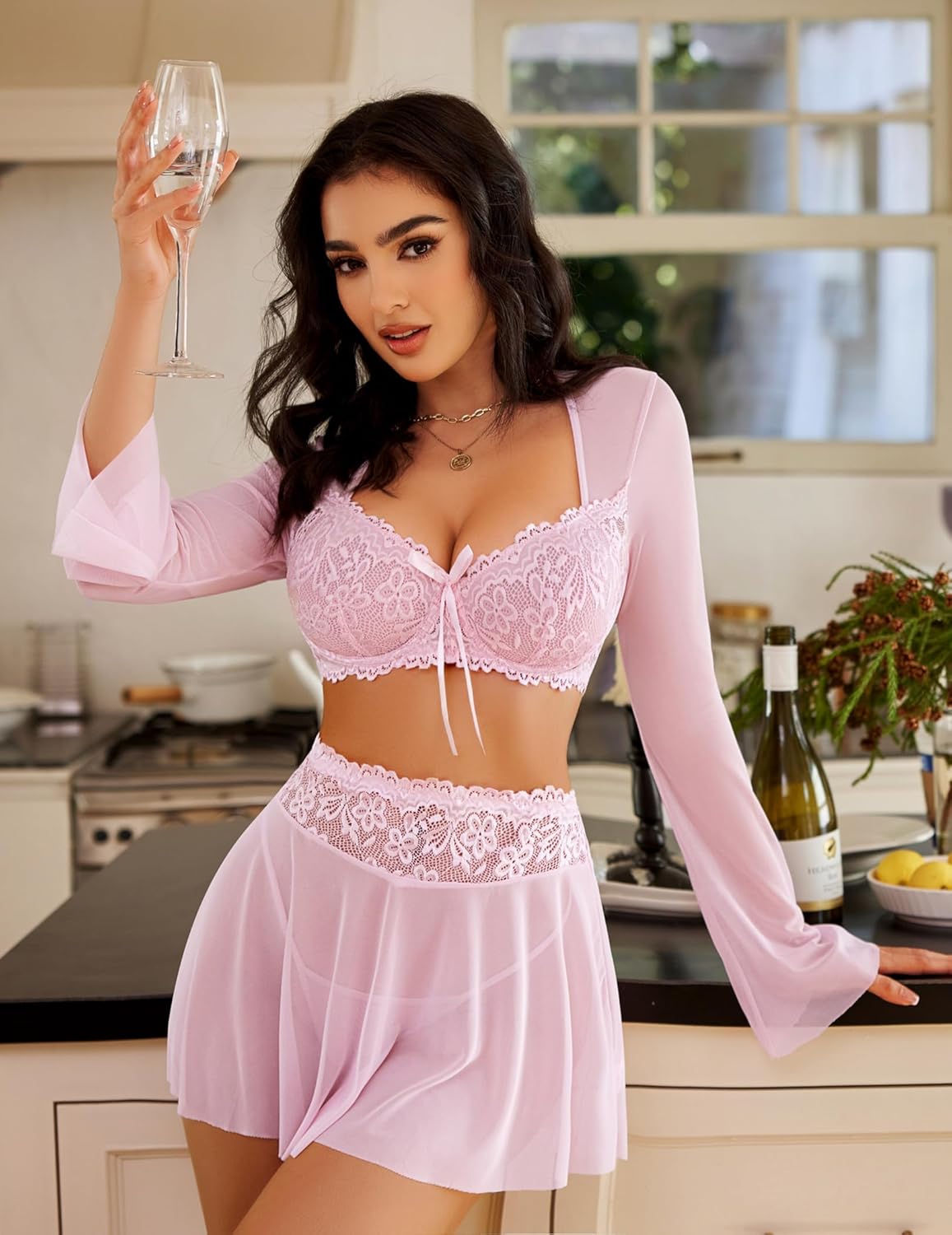 Avidlove Women's Sexy Contrast Lace Mesh Lingerie Set 3pcs Bell-Sleeved Top Lingerie Skirt