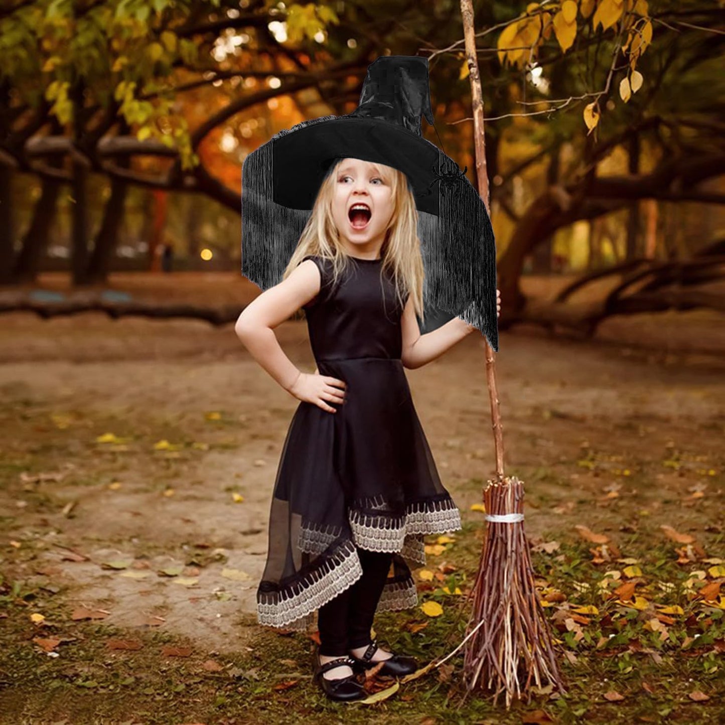 Black Witch Hat for Women, Halloween Witches Hat Adult with Veils, Large Witch Hats Cute Fancy Sorting Cap for Halloween Sexy Cosplay Costume Birthday Party Decorations Dress up Headwear with Spider