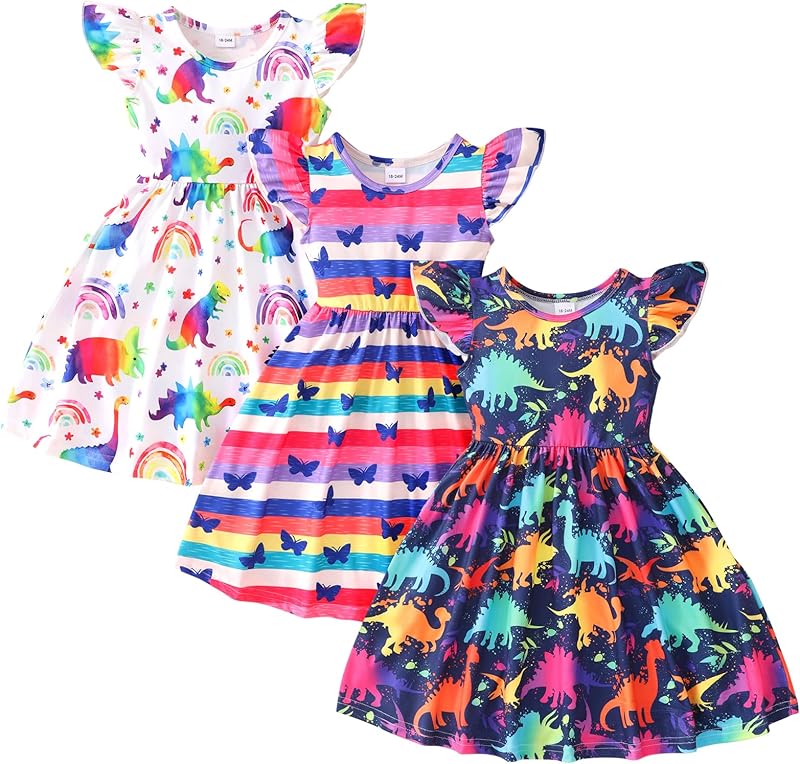 Toddler Little Girls Casual Dresses Short Sleeve Crew Neck Graphic Cartoon Dress for 2-8 Years