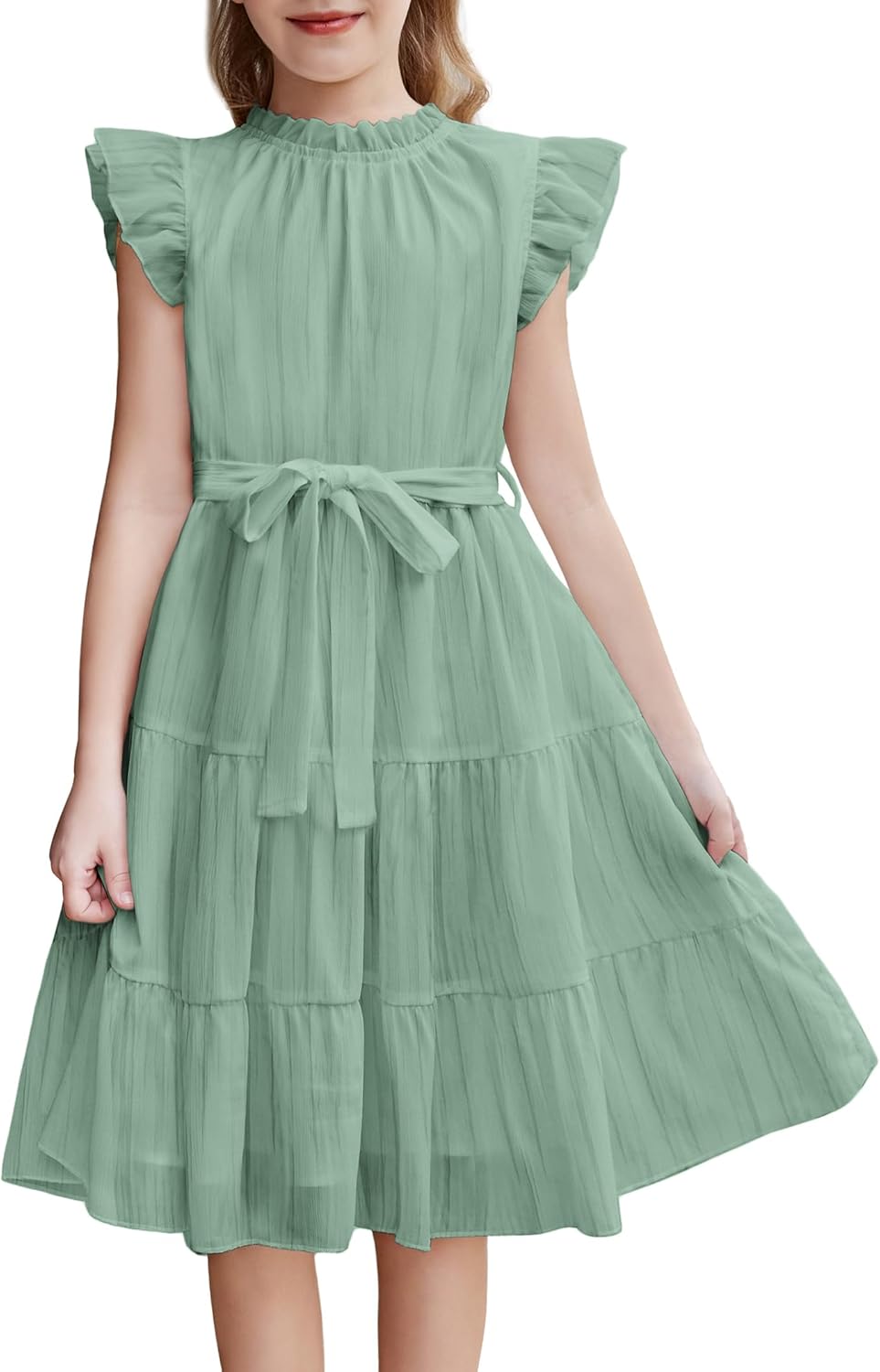 Arshiner Tween Girls Summer Dress Formal Ruffle Sleeve A Line Casual Elegant Dresses with Belt