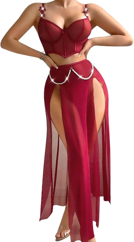 Kaei&Shi High Slit Sexy Lingerie For Women,Sheer Mesh Corset & Pearl Skirt Set,3 Piece Boudoir Outfits Exotic Dancewear