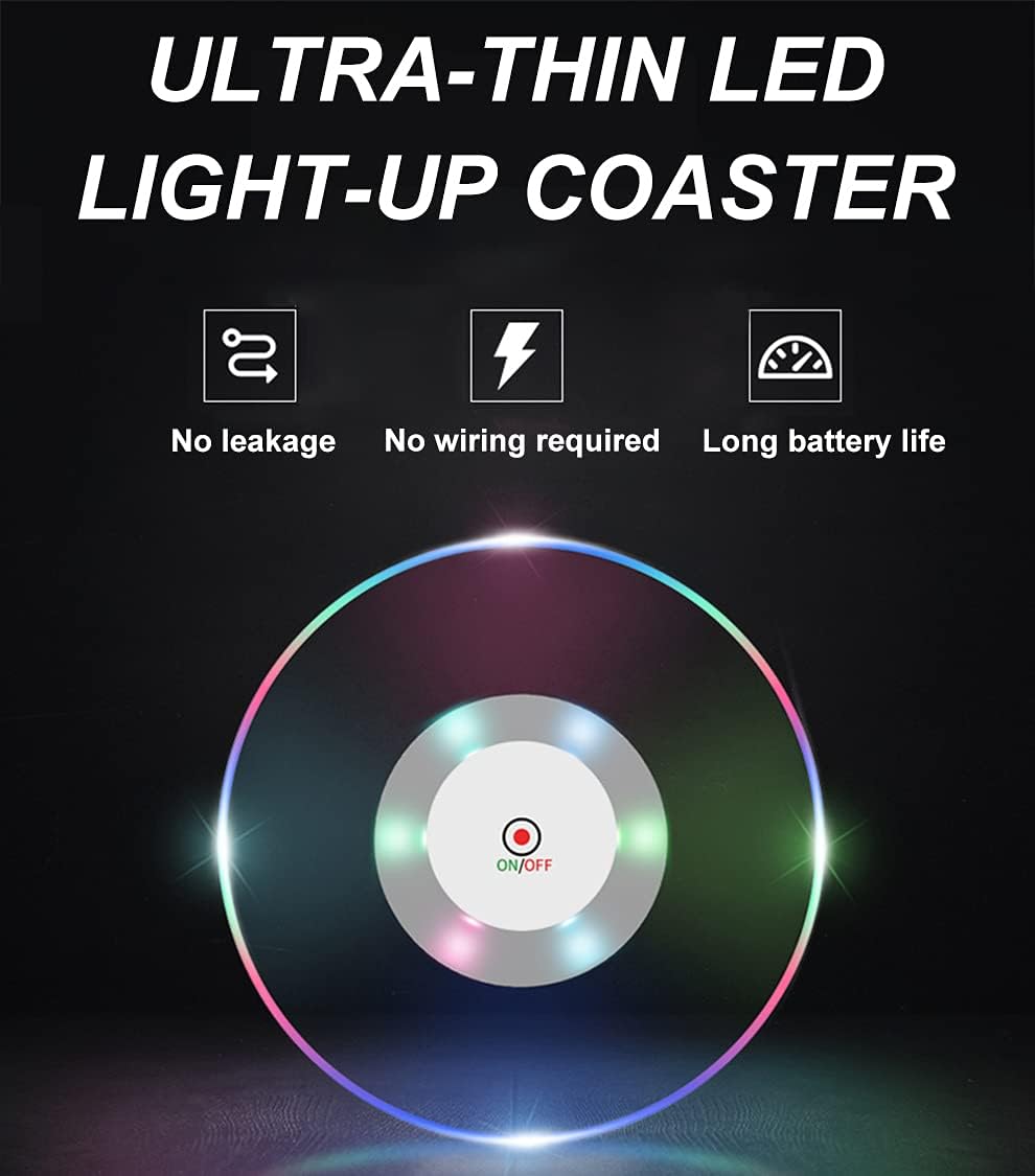 3 PCS Colorful LED Cocktail Coaster, Round Ultra-Thin LED Drink Coaster Luminous Coaster, 3.9-inch Non-Slip & Waterproof Transparent Beer Beverage Coasters for Club, Bar, Party Wedding Halloween