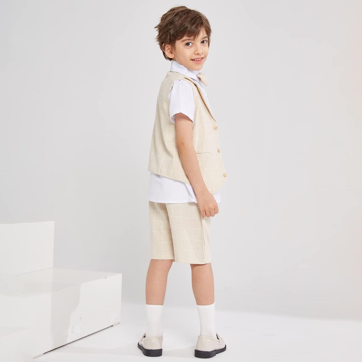 Summer Boys Suit Dress Clothes Kids Wedding Ring Bearer Outfit 4Pcs Shirt Vest Shorts Set