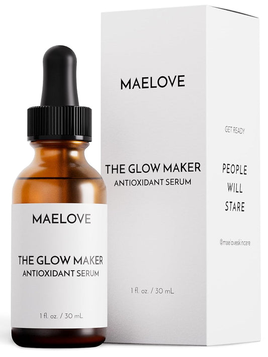 MAELOVE Glow Maker Vitamin C Serum with Vitamin E, Ferulic Acid & Hyaluronic Acid, Award-Winning Brightening and Hydrating Facial Serum, Unscented, 1.0 fl oz