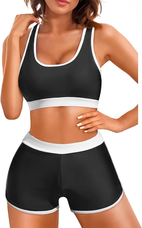 Tempt Me Women Two Piece Sports Bikini Athletic Swimsuits Racerback Crop Top with Boy Shorts Bathing Suits for Girls Vests