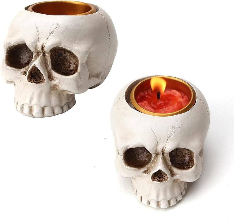 1 PCS Skeleton Skull Candlestick Holder Halloween Home Party Decorative Resin Skeleton Candle Holder Themed Bar Decoration (White)