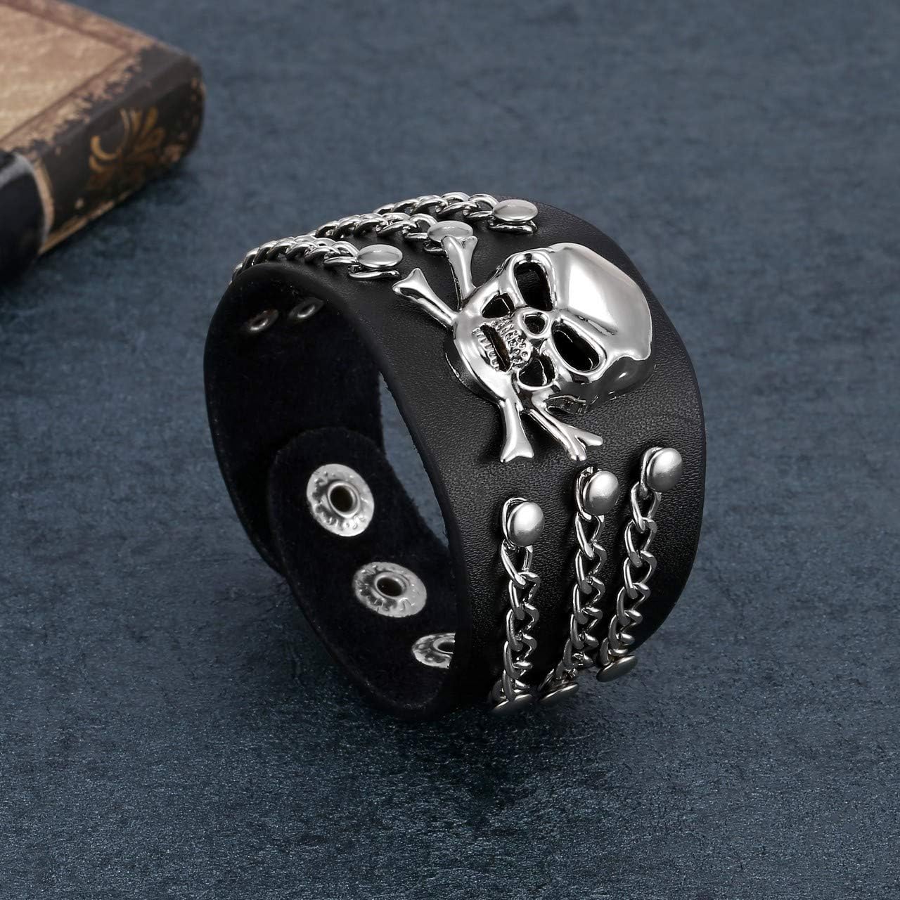 JOVIVI 3pcs Spike Studded Rivets Punk Rock Biker Wide Strap Genuine Leather Bracelets Necklace Chain Wristband Adjustable