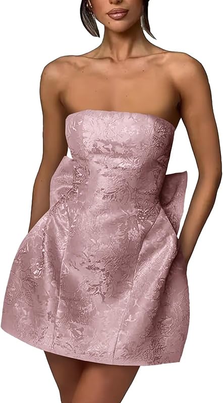 Xijun Short Jacquard Satin Homecoming Dresses for Teens Strapless Embroidery Mini Prom Cocktail Party Gown with Bow