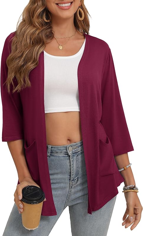 Women's 3/4 Sleeve Open Front Cardigan Casual Loose Lightweight Cardigans with Pockets