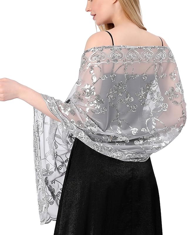 Shawls and Wraps for Evening Dresses,Women Formal 1920s Sequin Flower Sheer Shawls and Wraps for Wedding-