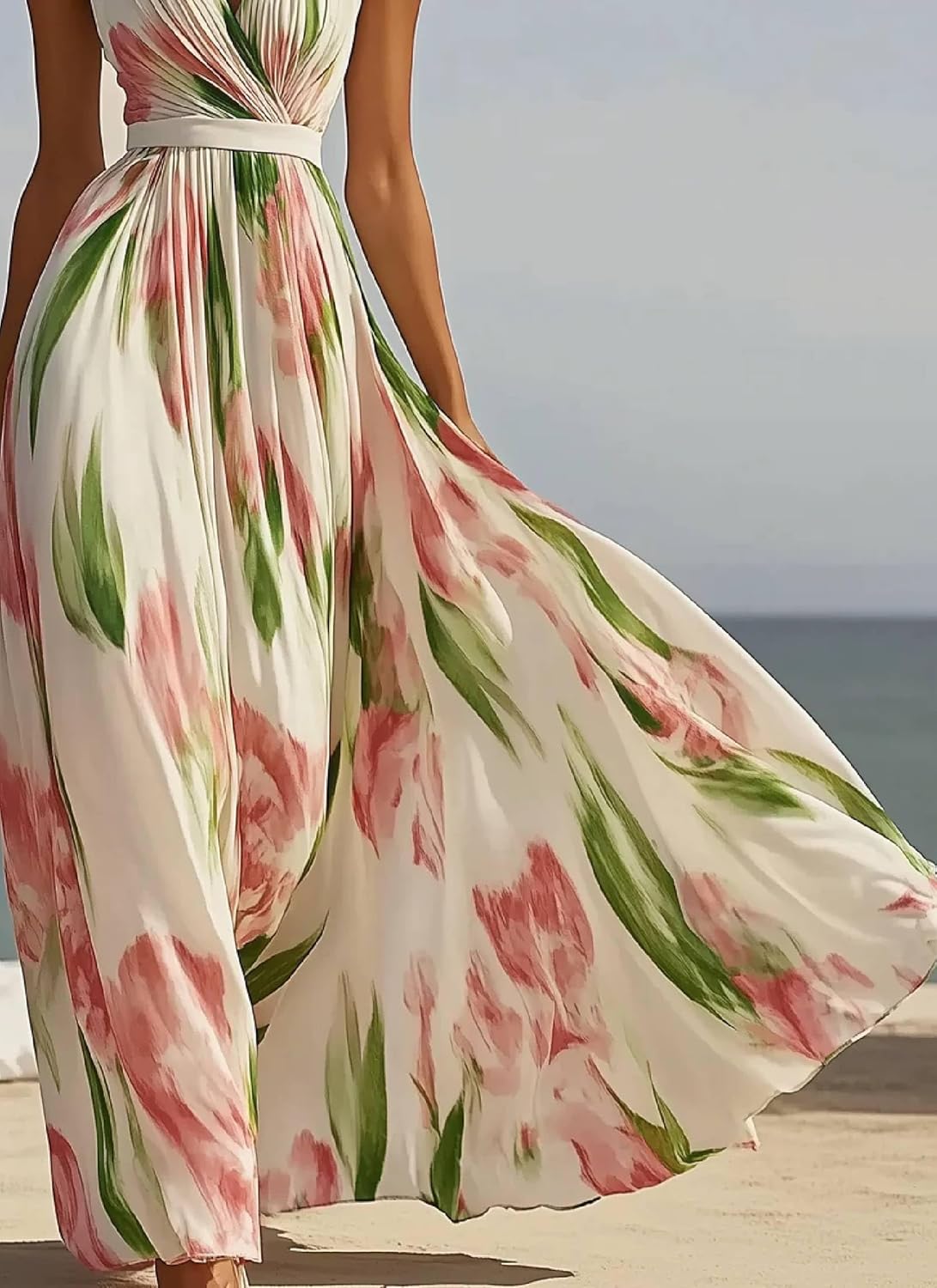 Women Summer Elegant Floral Print Sexy Halter V Neck Sleeveless Belt A-Line Ruffle Hem Wedding Club Maxi Dress