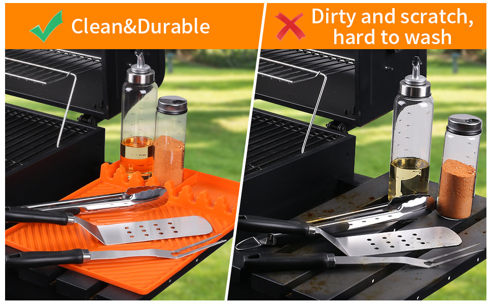 Griddle Mat Barbeque Grill Accessories Tools for Blackstone, Side Shelf Mat Grill Pad for Outdoor Grill Kitchen Counter Spatula Silicone Mat with Drip Pad for Kitchen, Cooking, Countertop (Orange)