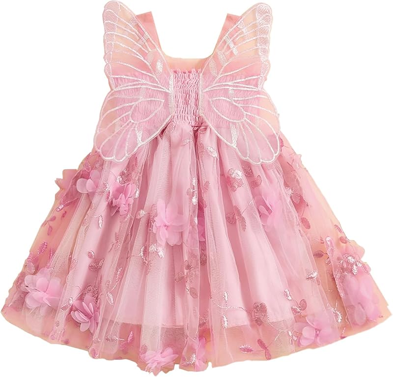 Toddler Infant Baby Girls Summer Dress Newborn Girl Tulle Dress with Butterfly Wing Beach Party Fall Clothes