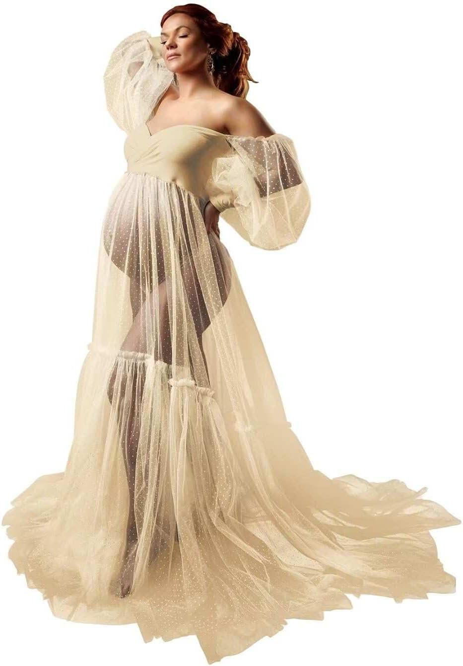 Off Shoulder Tulle Maternity Dress for Photoshoot Puffy Sleeve Wedding Bridal Pregnancy Robe Baby Shower Photography