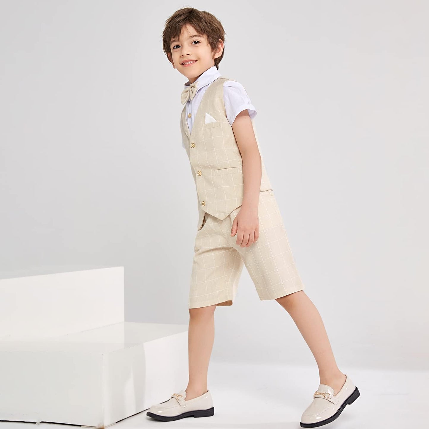 Summer Boys Suit Dress Clothes Kids Wedding Ring Bearer Outfit 4Pcs Shirt Vest Shorts Set