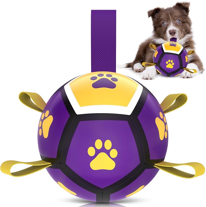 QDAN Dog Toys Balls, Dog Soccer Ball with Straps, Dog Birthday Gifts, Herding Ball, Durable Dogs Balls for Small Medium Pet, Puppy Outdoor Water Toy, World Cup Soccer (6 Inch)