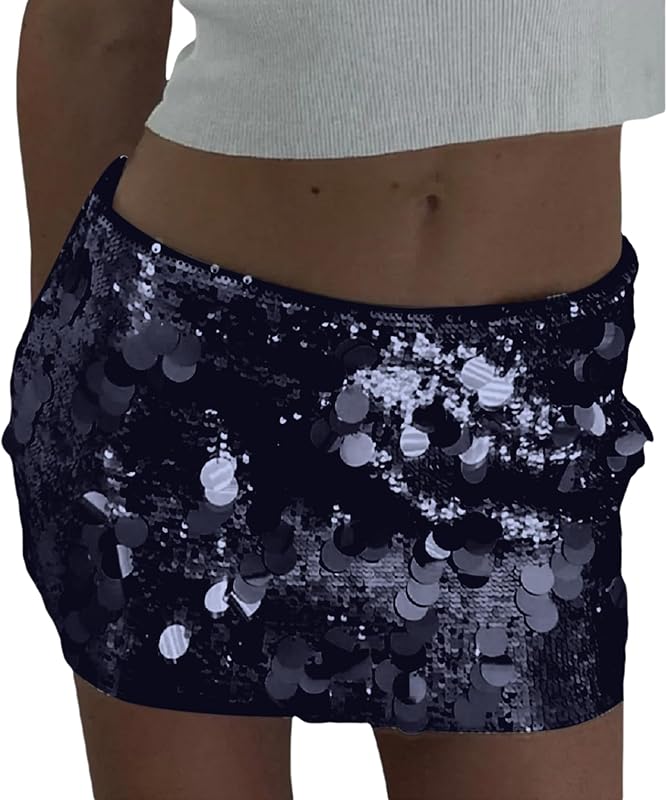 ANKOMINA Women's Sexy Shiny Sequin Mini Skirt Glitter Low Waist Pencil Skirts Bodycon Dance Party Club Short Skirt
