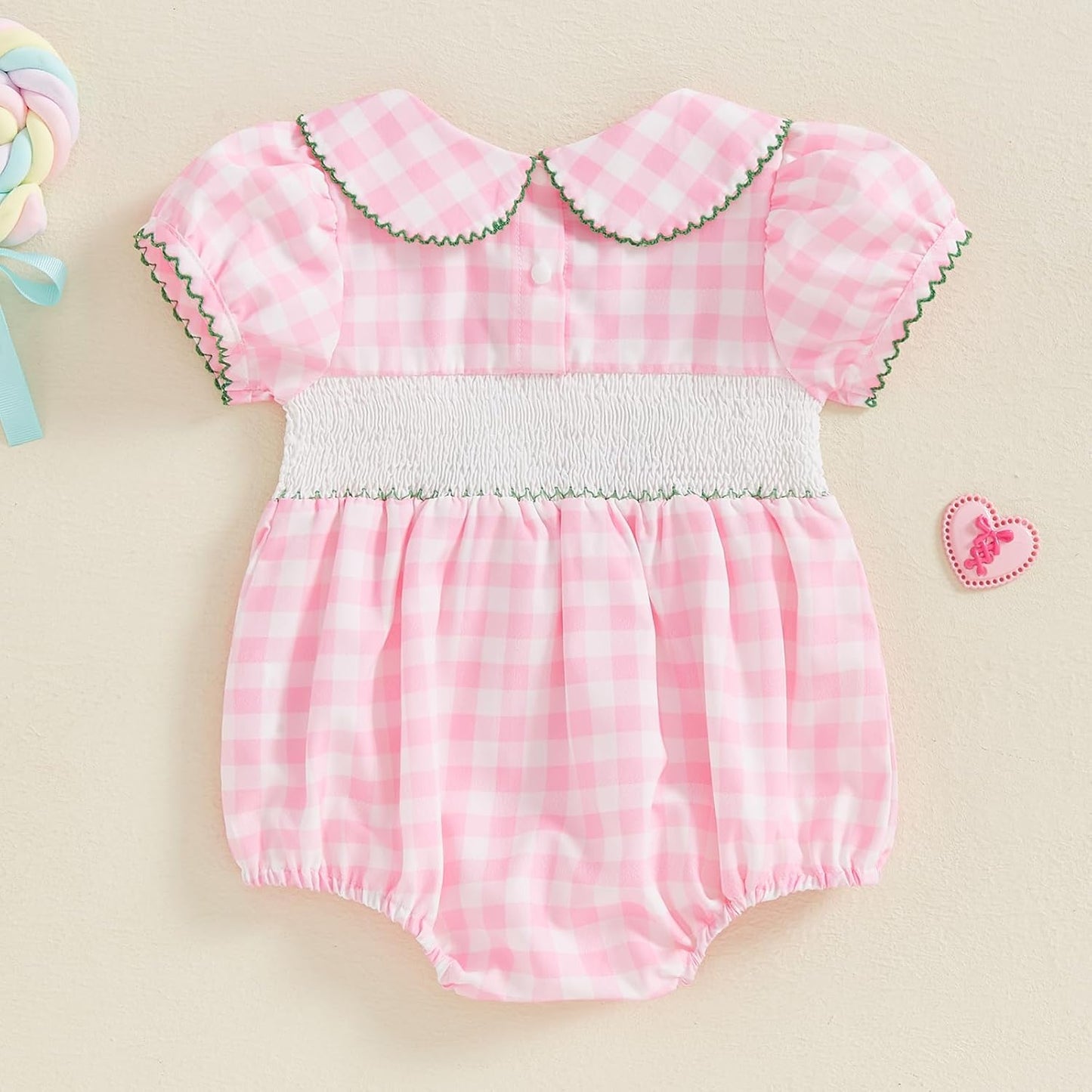 Newborn Baby Girl Golf Outfit Summer Doll Collar Bubble Short Sleeve Golfing Theme Embroidery Smocked Plaid Romper Bodysuit