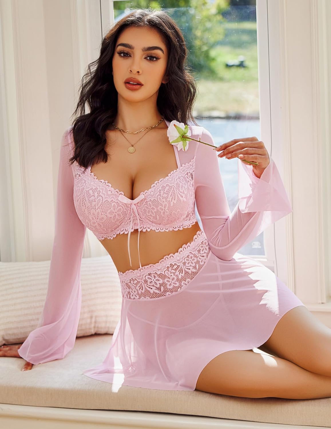 Avidlove Women's Sexy Contrast Lace Mesh Lingerie Set 3pcs Bell-Sleeved Top Lingerie Skirt