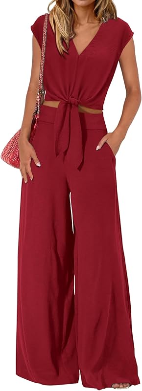 PRETTYGARDEN Women's Summer 2 Piece Outfits 2025 Cap Sleeve V Neck Belted Crop Tops Wide Leg Pant Sets Casual Tracksuit