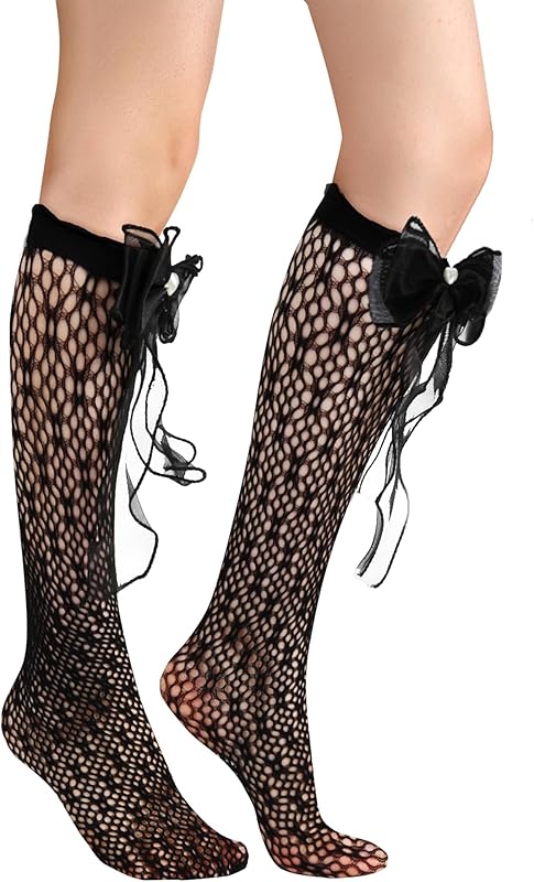 Benefeet Sox Fishnet Knee High Socks with Ruffles for Women Girls Kawaii Cute Fancy Frilly Lace Knee High Stockings with Bow