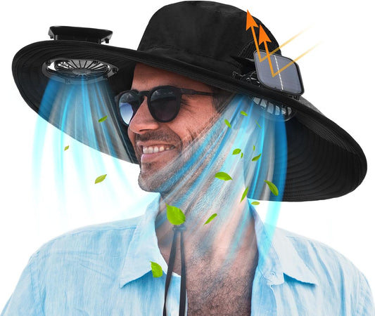 Berlune Men Sun Hat with 2 Solar Fan Fishing Wide Brim Sun Hat for Outdoor Summer Camping Beach, USB & Solar Powered