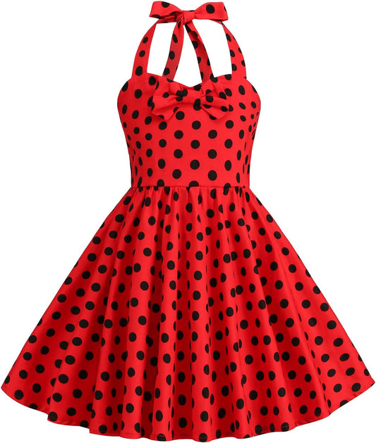 1950s Vintage Dresses for Girls Halter Dress Sleeveless Bowknot Heart Neck 4-12 Years