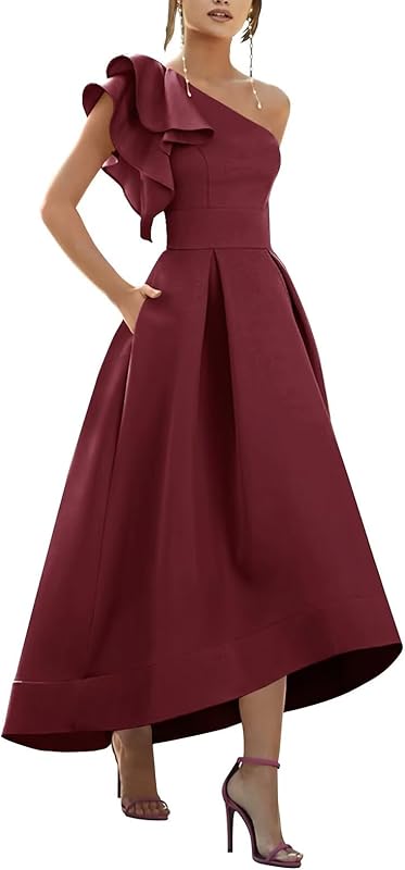 One Shoulder Satin Mother of Bride Dresses 2025 High-Low Ruffle Formal Evening Party Gowns
