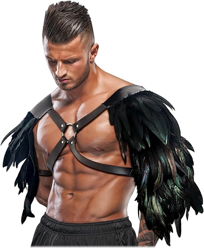 L'VOW Gothic Feather Shoulder Armor for Men Leather Harness Medieval Guards Halloween Cosplay Costume